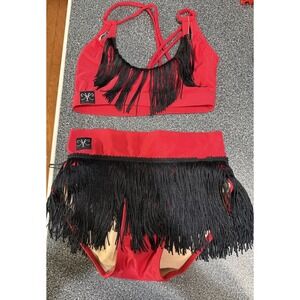 Kandi Kouture 2 Piece Red Tango Ballroom Dance Outfit Fringe Size: CXL (10/12)